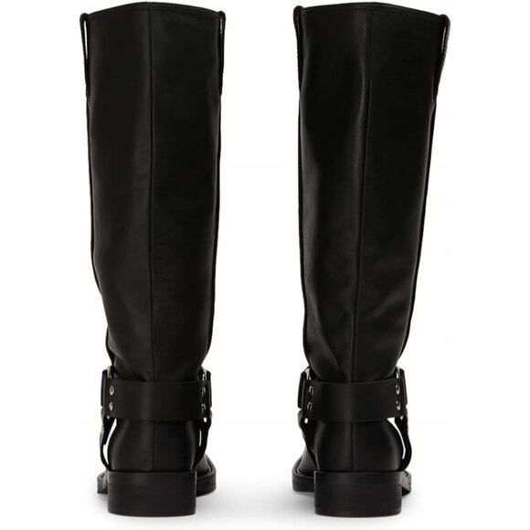 Caradise Women Black Knee High Square Toe Pull On Flat Motorcycle Comfort Boots - Picture 5 of 7